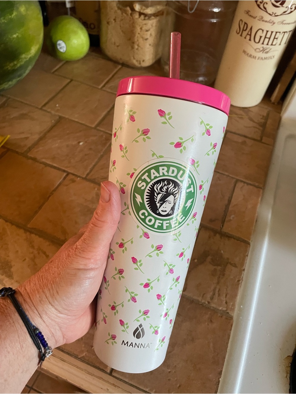 Manna Stardust Coffee Pink Floral Travel Tumbler